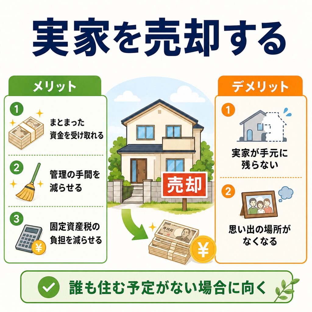 相続した実家を売却するメリットとデメリットを整理し、誰も住む予定がない場合に向いていることを説明する画像
