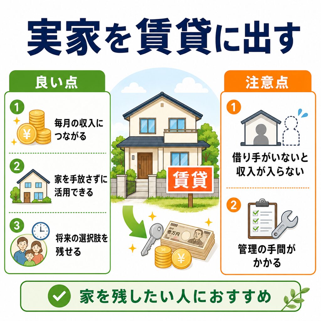 相続した実家を賃貸に出す際の良い点と注意点を整理し、家を残したい人におすすめであることを説明する画像