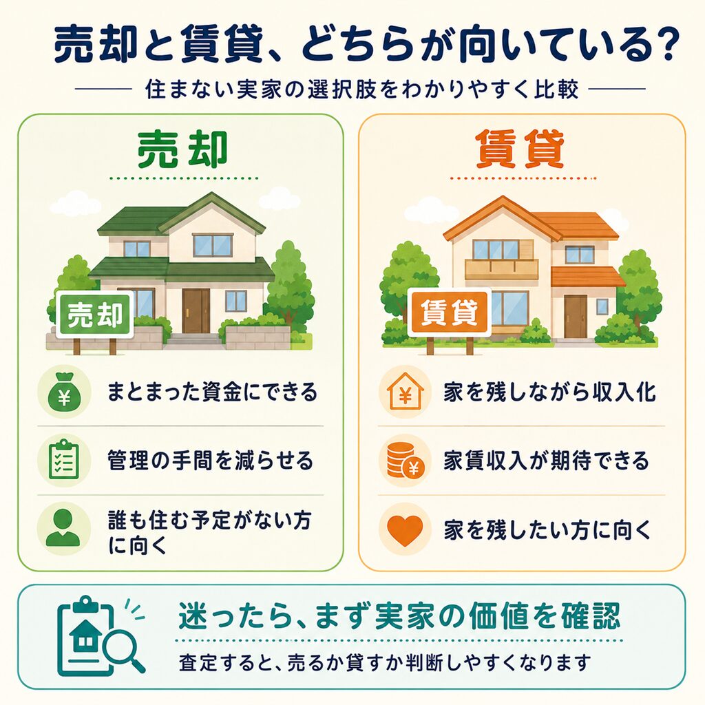 誰も住まない相続した実家を売却する場合と賃貸に出す場合の違いを比較し、迷ったら実家の価値を確認することを説明する画像