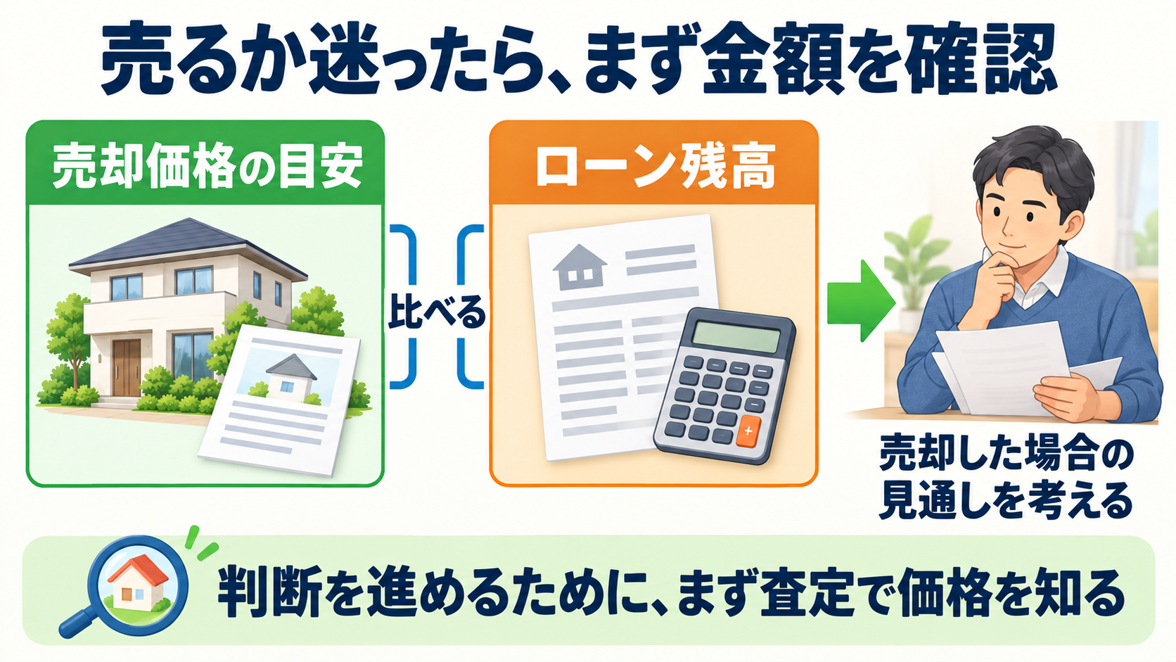 売るか迷ったら売却価格の目安とローン残高を比べ、売却した場合の見通しを考える